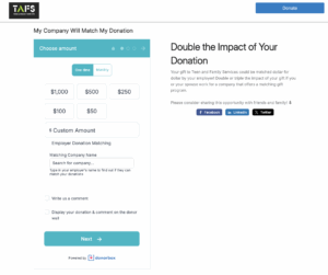 Screenshot of TAFS' donorbox donation form with employer donation matching implemented