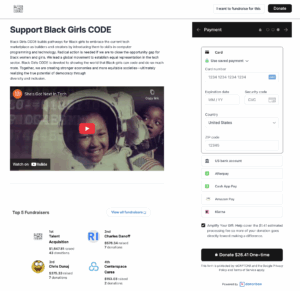 Screenshot of Black Girls Code's Donorbox-hosted donation page, featuring the Donorbox OmniGive Donation Form