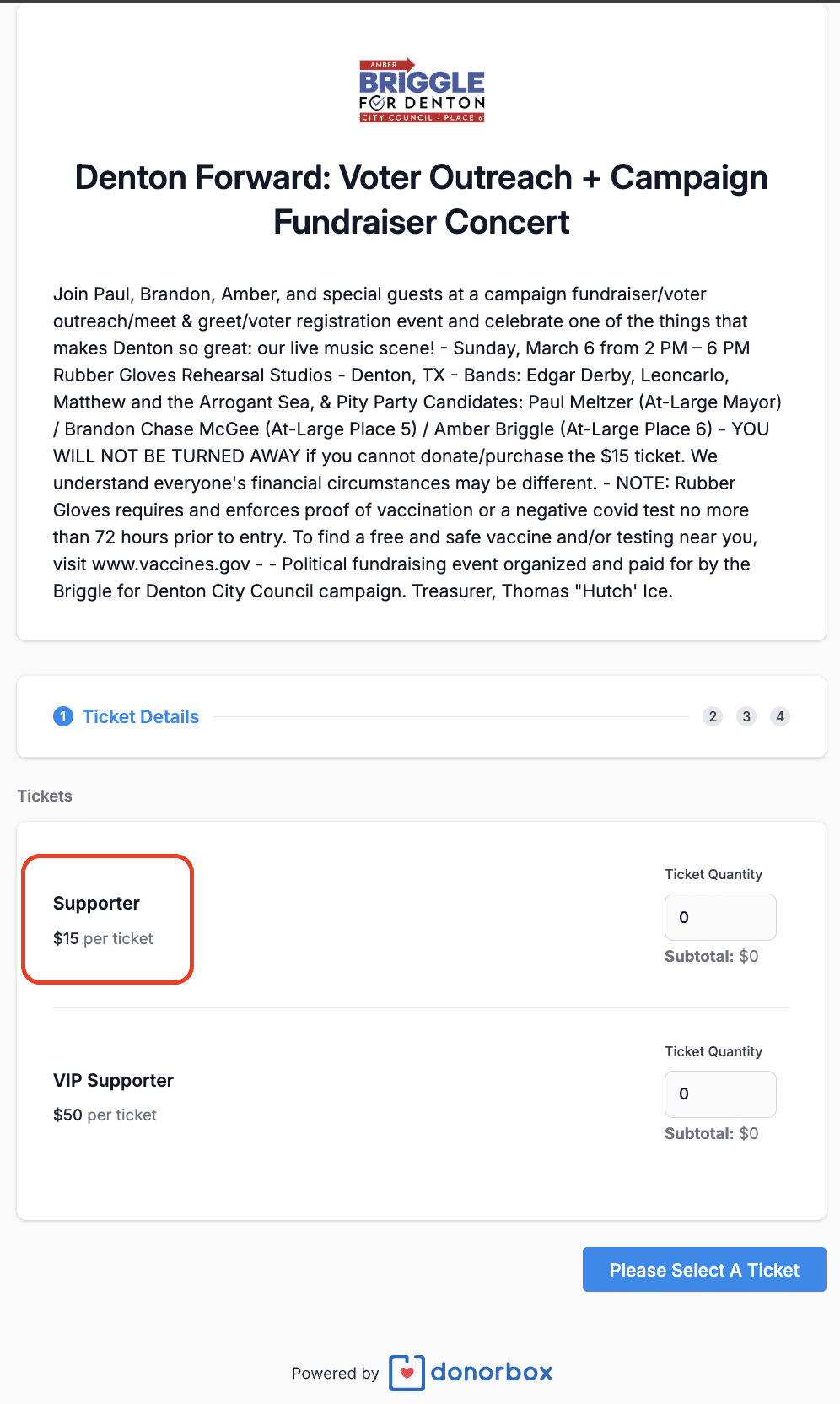 Screenshot of an organization's Donorbox Events ticketing form selling general admission tickets