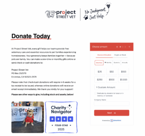 Screenshot of Project Street Vet's Donorbox donation form 