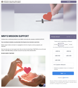 Screenshot of the NYMS Church's Donorbox-powered recurring giving donation form