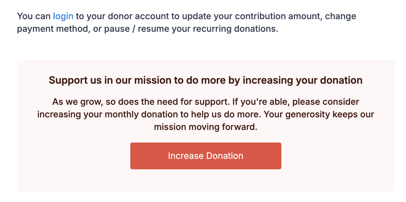 Screenshot of an example email asking a recurirng donor to upgrade their gift amount using Donorbox's Recurring Donation Boost feature