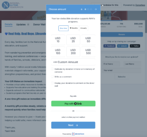 Screenshot of National Autism Association's Donorbox peer-to-peer with recurring giving enabled