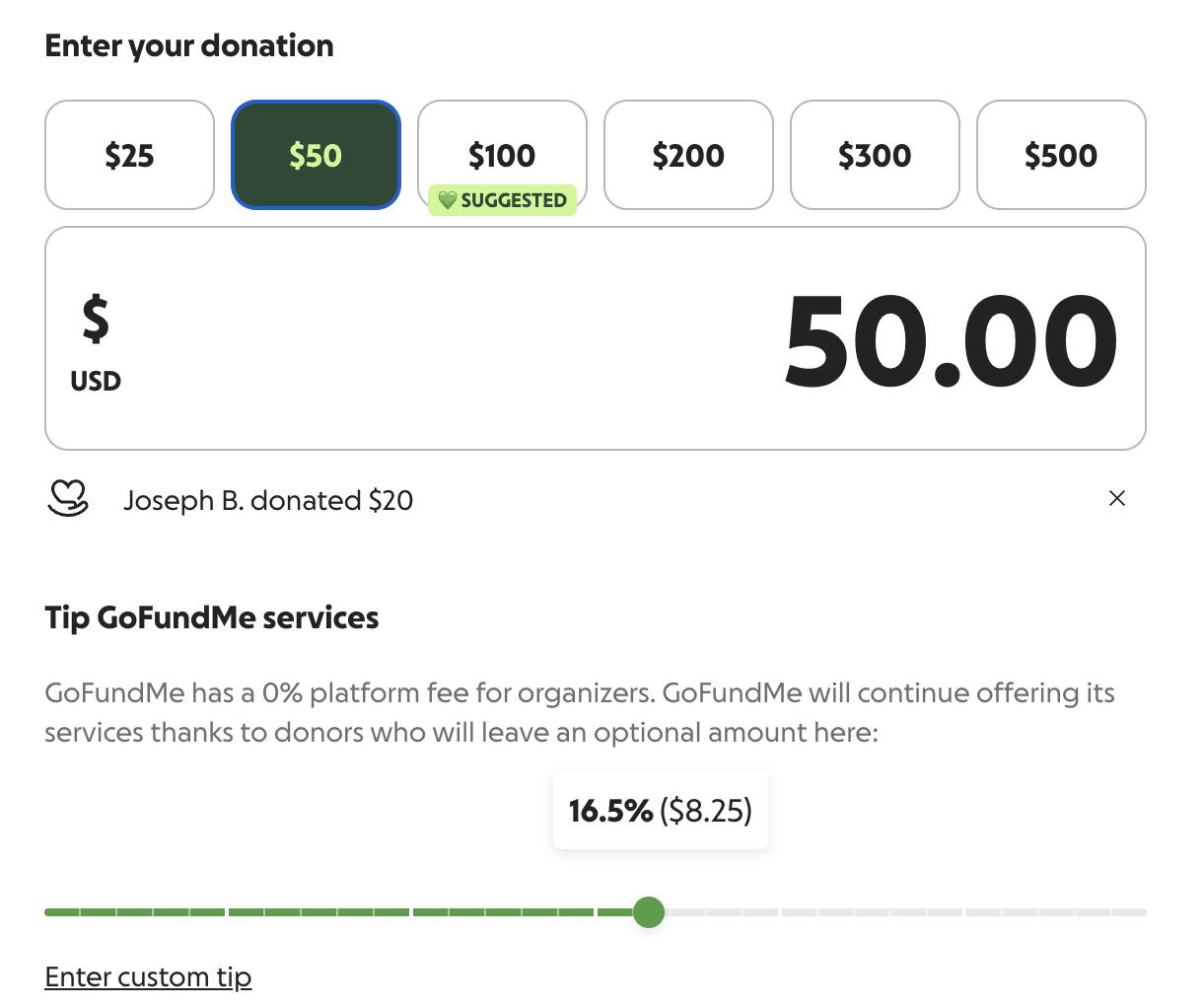 GoFundMe's optional tipping model on a donation form