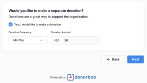 Screenshot of Meals in the Meantime's Donorbox-powered gala event page with recurring donations enabled