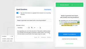 Screenshot of Donorbox's Recurring Donation Upsell Feature