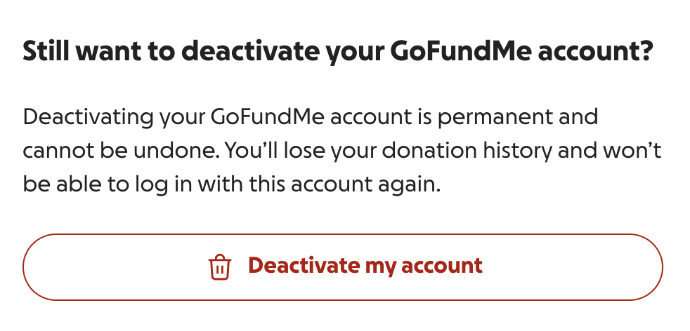 Screenshot displaying confirmation of GoFundMe account deactivation