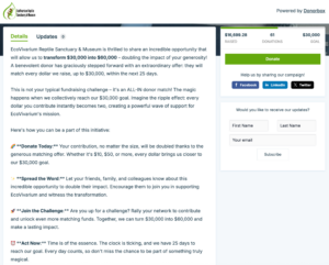 Example of EcoVivarium Reptile Sanctuary's Donorbox-Powered Nonprofit Giving Challenge