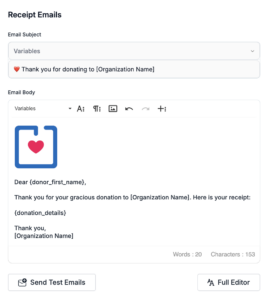 Screenshot of Donorbox's customizable donation receipt emails, sent automatically to donors