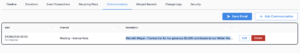 Screenshot of Donorbox donor communication records