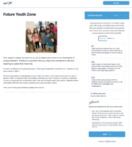 Future Youth Zone's Donorbox-powered donation page with Gift Aid declarations enabled