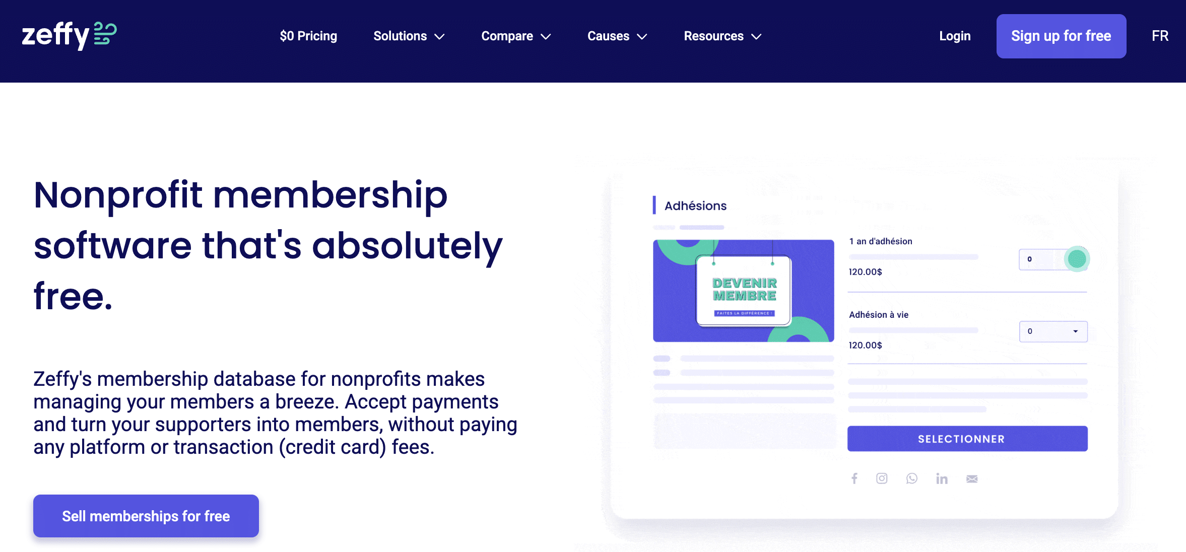 Screenshot of Zeffy's nonprofit membership software landing page