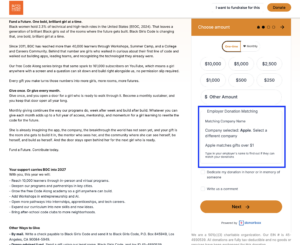 Screenshot of Black Girls Code's Donorbox-Powered donation form with Double the Donation matching gifts enabled 